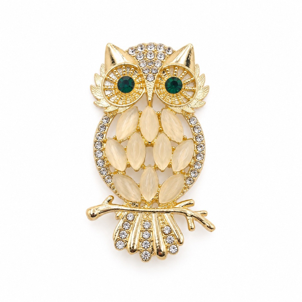 Gold Tone Owl Brooch Yellow Acrylic Marquise Rhinestone Emerald Green Eyes